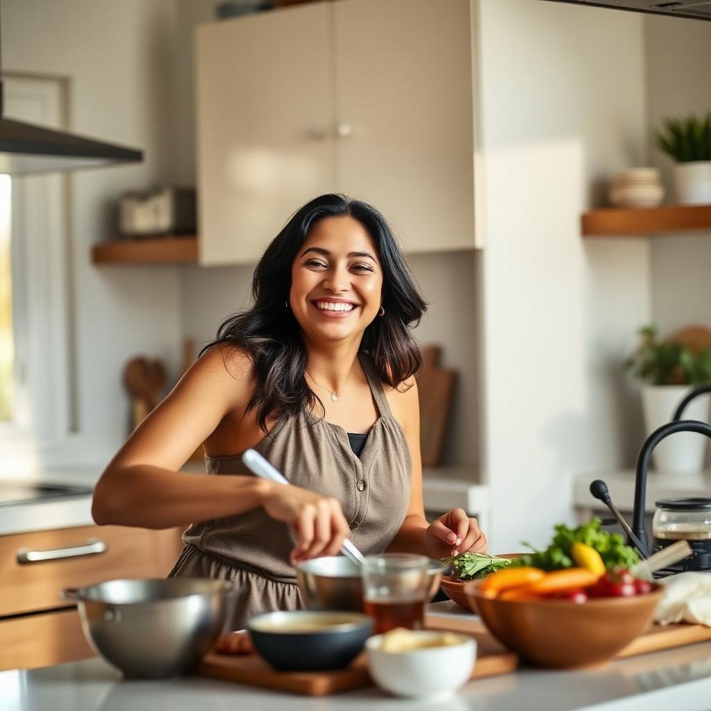 Mujer disfrutando cocinar saludable en casa